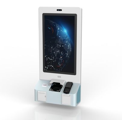 Kiosk tự phục vụ bệnh viện gắn trên tường với máy quét QR, máy đọc thẻ không tiếp xúc và máy in nhiệt